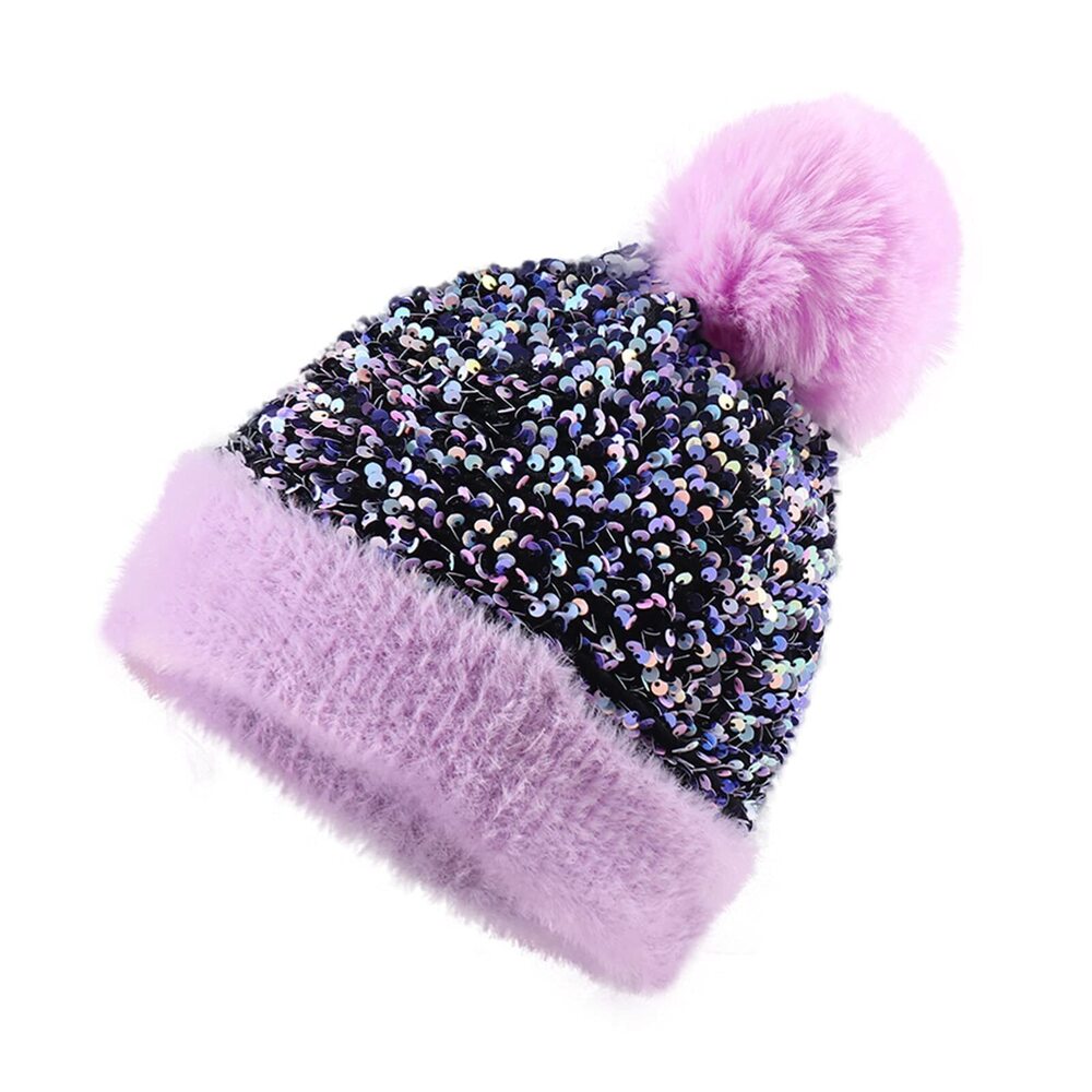 5370 Sequin Knitted Beanie Hat with Removable Faux Fur Pom-Pom Shiny Bling